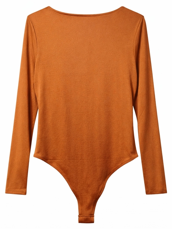 A New Day Ruched Bodysuit Size Large Burnt Orange Deep V Neck Long Sleeve Office - Picture 3 of 9